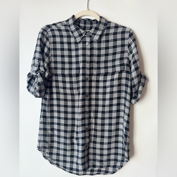 Equipment gingham small rolled cuffs short sleeve black white silk shirt - Picture 4 of 8